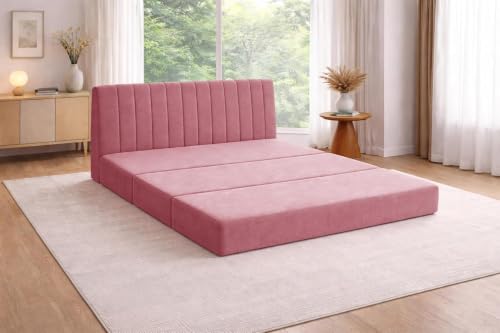 Image of Rosebell -3 Seater Armless Sofa Cum Bed with Backrest | Soft Velvet Fabric Finish | Modern Living Room & Bedroom -Rose Pink-Color