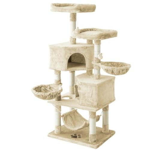 キャットタワー おしゃれ 据え置き 多頭飼い ハンモック付き キャットハウス 爪とぎ おもちゃ 転倒防止 ペット 猫 ねこ タワー 麻紐 猫用品 ペット用品 頑丈 安定 室内 運動不足 ベージュ