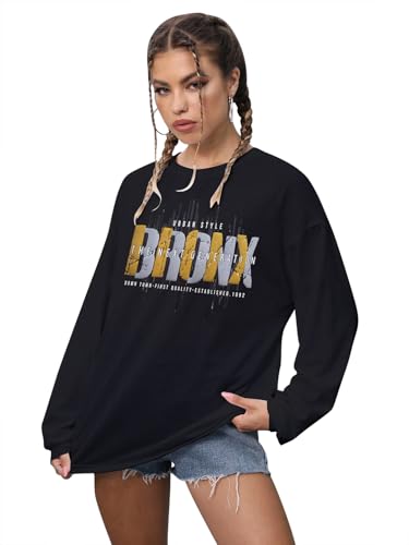 Image of CHKOKKO Oversized Round Neck Drop Shoulder Printed Polyester Full Sleeves T-Shirt for Women