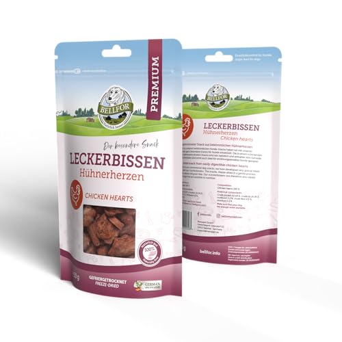 Bellfor Leckerbissen für Hunde Hühnerherzen Hundefutter - 50 g. Gefriergetrockneter Hundesnack. Getreidefreies Hundeleckerli, proteinreich und leicht verdaulich, ohne künstliche Zusätze.