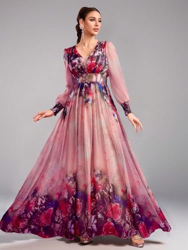 Image of TOLEEN Summer Casual Dresses for Women 2024 Spring Fashion Boho V Neck Long Sleeve Ruffle Floral Print Elegant Maxi Dress