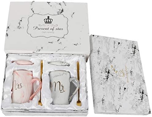 Momugs Mr and Mrs Couples Mugs Ceramic Coffee Mug Set with Gift Box- Unique Elegant Wedding Gift for Bride and Groom/Bridal Shower Engagement Wedding and Married Anniversary - Marble Design 12.5oz