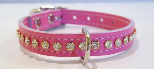Image of Signature Leather Crystal Dog Collar, Pink Solid Grain Leather, Fits 6 inch-8 inch Neck Size, 10 inch Overall Length