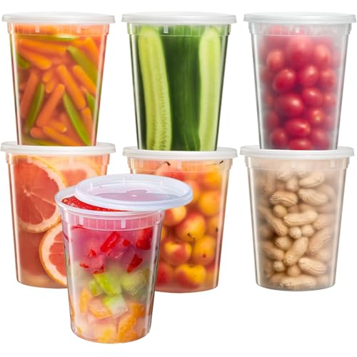 YOYEAH 24 Stück Kunststoffbehälter mit Deckel - 950ml/32oz wiederverwendbare Aufbewahrungsbecher für Lebensmittel, auslaufsichere Deli-Container (24 Sets - 32 oz)