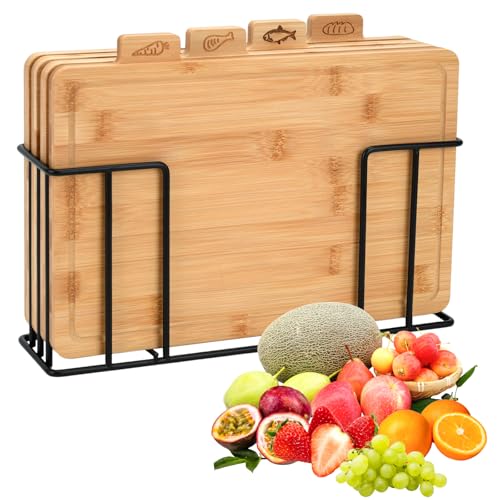 4-teiliges Bambus-Schneidebrett Set mit Eisenständer 32x25cm | Schneidbretter für Fleisch Gemüse Fisch & Obst | Perfekt zum Schneiden Zerteilen und Zubereiten