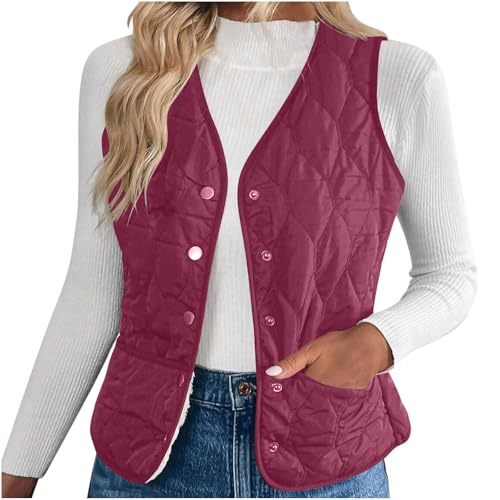 Women Puffer Vest Sherpa Lined Warm Button Down Sleeveless Quilted Puffer Vest Fall Winter Fashion Outfits Clothes - Main Image