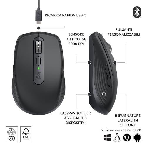 MX Anywhere 3S, Mouse Wireless Compatto, Scorrimento Veloce, Tracciamento 8K DPI, Clic Silenzioso, Pulsanti Programmabili, USB C, Bluetooth, PC Windows, Linux, Chrome, Mac - Grafite - Mouse gaming - Immagine 6
