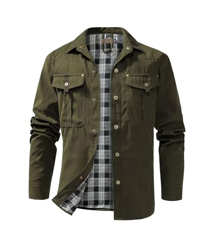 Image of FTIMILD Men's Flannel Lined Shirt Jacket Rugged Snap Button Shacket Cowboy Western Style Long Sleeve Outdoor Fall Jacket