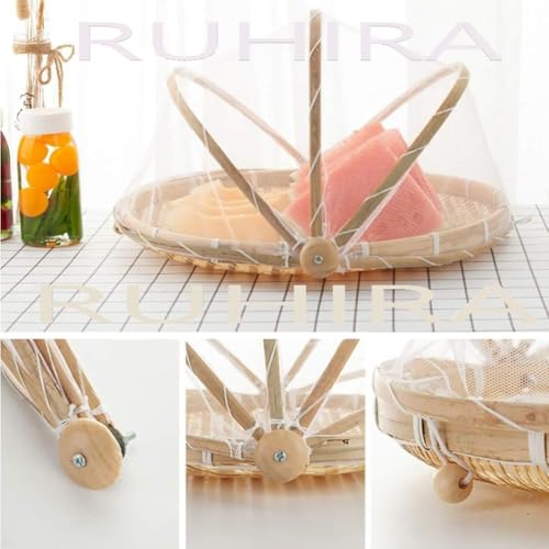Image of Multipurpose Bamboo Storage Basket with Mesh Net Cover, Food Serving Tent Tray, Fly Proof Fruit Vegetable Bread Organizer, Picnic Outdoor Kitchen Countertop Use | Pack Of 1