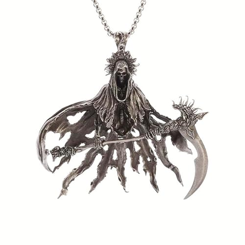 Grim Reaper Santa Muerte Necklace Stainless Steel Punk Gothic Skull Sickle Pendant Necklace for Women Men Halloween Jewelry Creativity Gift