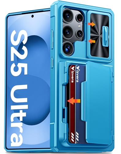 Vizvera for Samsung Galaxy S25 Ultra Case Wallet with RFID Card Holder Slide Camera Cover Kickstand Silicone Edge Military Drop Protection Rugged Shockproof Case for S25 Ultra 6.9 2025 Lake Blue