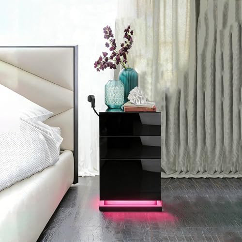Chleby Moderne Table de Chevet Brillant Étroit, Table d’Appoint Noir avec Fonction de Chargement...