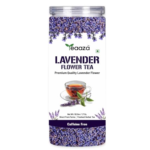 Image of Teaaza Organic Lavender Tea, 50 Grams-50 Cups, Calming Lavender Flower Tea for Relaxation and Wellness Support Promotes Good Sleep, Stress Relief | Improves Immunity | For Glowing Skin | Flower Based - Vegan - GMO-Free - Caffeine-Free - 100% Natural | Reusable Pet Jar Pack of 1 - 50+ Cups (Pack of 1)