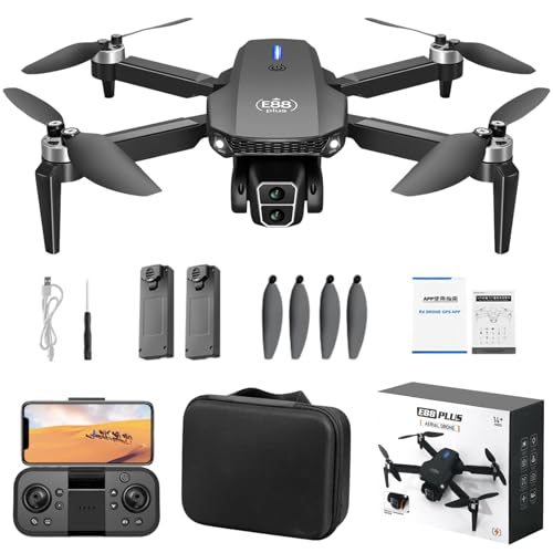 Drone with HD Camera for Adults Beginners, Foldable Mini RC Quadcopter with Brushless Motor Headless Mode Optical Flow Positioning 360° Flip Remote Control Quadcopter Airplane for Outdoor Vlogging Aerial Photography Drones, Under 250g Lightweight E88 Plus Drones with Two Rechargeable Batteries and Storage Bag