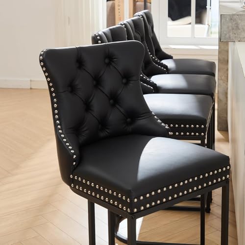 Image of UVV Counter Height Bar Stools Set of 6, 26 inch Modern Barstools with Back, Faux Leather Upholstery Counter Chairs with Metal Legs for Kitchen Island, Bar, Counter, Black