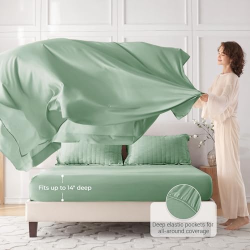 Image of MUXHOMO 7 Pieces Queen Comforter Set, Seersucker Bed in a Bag Queen Size, All Season Luxury Bedding Set with Comforter, Flat Sheet, Fitted Sheet, Pillowcases & Shams, Sage Green