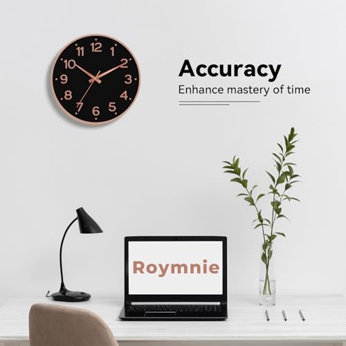 Image of Roymnie Wall Clock, Silent Wall Clocks Battery Operated 8 Inch-Modern Non Ticking Analog Clock Decorative for Kitchen Office Bathroom Bedroom(Black Rose Gold)