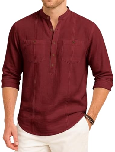 Image of ROYALSCOUT Men's Cotton Polyester Blend Kurta Style Shirt with Mandarin Collar, Half Button Placket, Dual Chest Pockets, Long Sleeve Casual Ethnic Fusion Wear for Office, Festive and Daily Use
