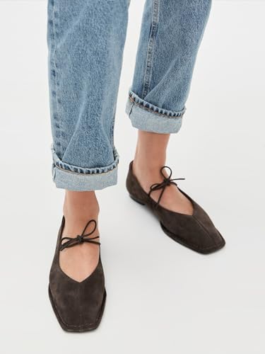 Image of Lace up Ballet Flats Women Square Toe Mary Jane Flats Bow Slip On Comfortable Ballerina Shoes