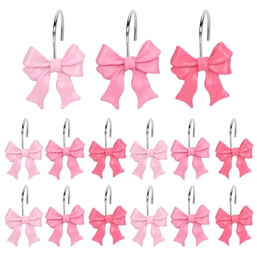 Whaline 12Pcs Coquette Pink Bow Shower Curtain Hooks Decorative Bowknot Shower Rod Rings Resin Curtain Hanger Hooks for Nursery Living Room Bedroom Bathroom Decor