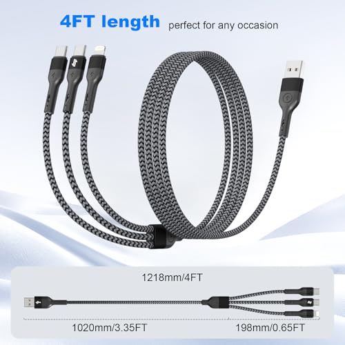 Image of Multi Charging Cable, 3 in 1 Charging Cable for Multiple Devices, Nylon Braided Universal Charger for Travel, USB Cable Multiple Phone Charger with Type C Lightning for iPhone17 /16 /15 /14 /13(2Pack 4FT)