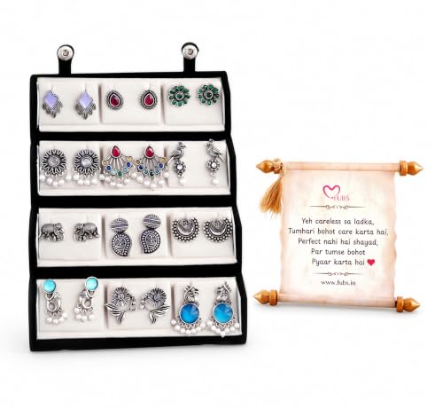 Image of FUBS Oxidized Designer Stud Earrings Set of 12 with Folding Jewelry Box | Traditional & Modern Earring Set for Women & Girls