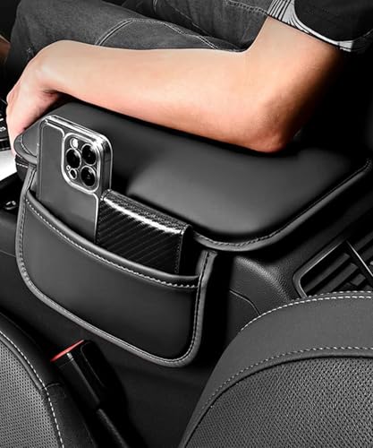Image of Car Center Console Armrest Pad with Quilted Black Finish, 5-in-1 Storage Including Cup Holders, Tissue Box, and Phone Slot (Console Black)