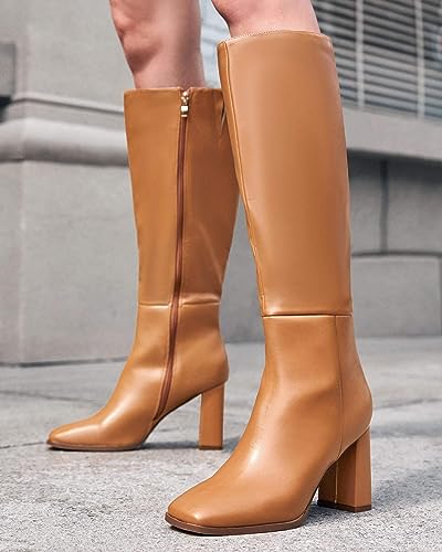 Coutgo Womens Wide Calf Knee High Boots Chunky High Heel Square Toe Fashion Leather Shoes with Side Zipper3