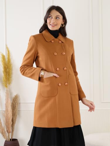 Image of CHKOKKO Women Classic Long Winter Coat Double Breasted | Knee Length Design with a Sophisticated Spread Collar and Convenient Front Pockets for All Occasions