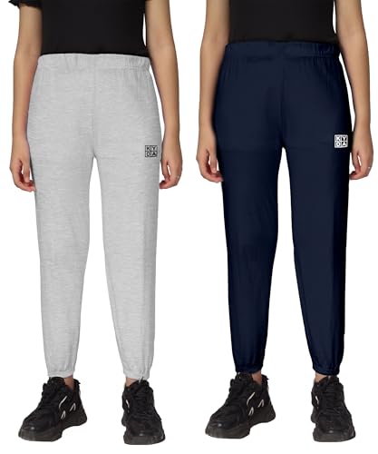 Image of KYDA KIDS Girls Mid Rise 100% Pure Cotton Track Pants | Regular Fit Elastic Waist Casual Wear | Soft Comfortable Kids Trousers (Pack of 2)