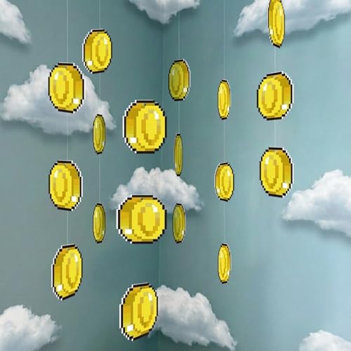 Epakh 24 Pcs Super Brother Themed Party Decorations Hanging Birthday Decorations Video Game Theme Ornaments Banners Garland for Baby Shower Favors Super Game Room Home Supplies (Pixel Gold Coin)