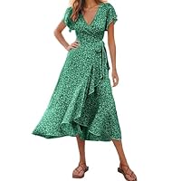 Robe Fleurie Femme Ete À Manches Courtes Col en V Chic Floral Swing Elegant Wrap Élastique Taille Haute Longue Robes De Plage Boheme Robe Cocktail Bleu Roi