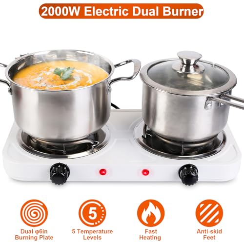 Image of Portable Double Burner Electric Coil Heating Hot Plate Stove Countertop | RV Hotplate Temperature Controls Easy to Clean 2000W White