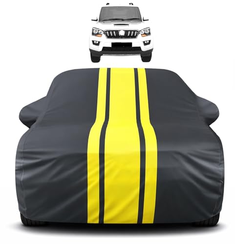 Image of Auto Hub Car Cover Compatible with Mahindra Scorpio (Model-2022- Till Date) with Mirror Pocket, Soft Cotton Lining, Scorpio Car Cover Waterproof - Yellow-Black