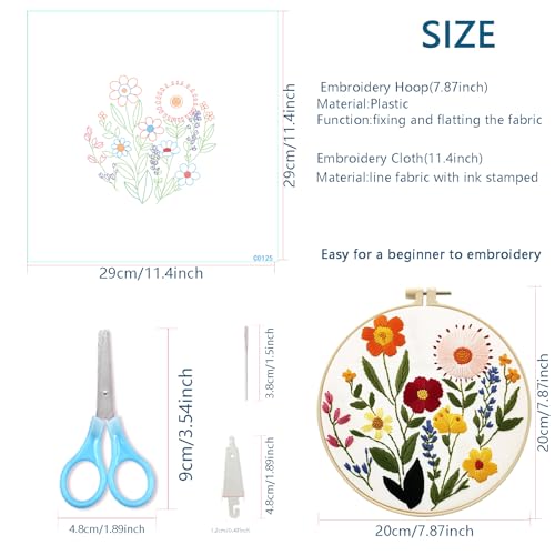Image of Zhenqing Flower Embroidery Kit for Beginners, Floral Hand Embroidery Starter Kit with Pattern, Wildflower Needlework Craft Set with Cotton Fabric, Hoop, Threads, Needles and Embroidery Tools (C0125)