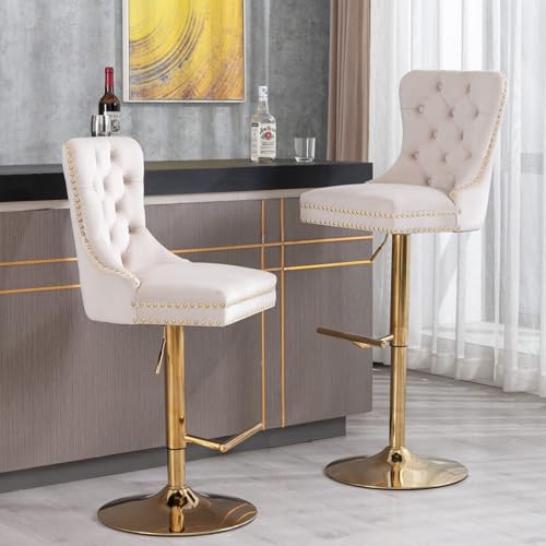 Butaco regulable en altura, set de 4 unidades, giratorio con respaldo acolchado y base metálica dorada, tapizado en tela de terciopelo para isla de cocina y bar (Beige, 4 piezas) miniatura 4