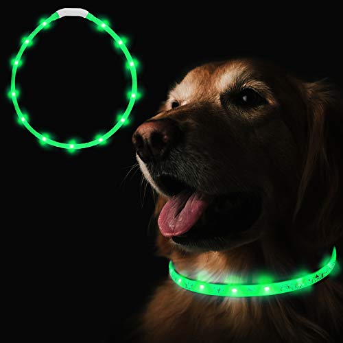 Heatigo LED light dog collar, USB charging night safety super bright dog collar, adjustable pet collar (70 cm), with cute dog pattern-3 light modes (Green)
