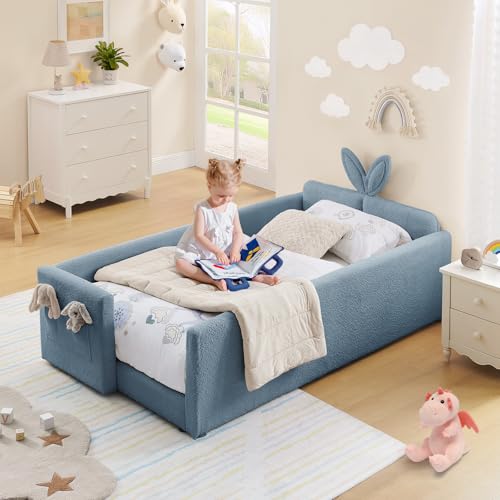Image of Twin Size Kids Bed with Rabbit Ear Headboard, Upholstered Boucle Fabric Twin Daybed with Slats Support & Side Pockets, Space-Saving Wooden Corner Sofa Couch Bed Frame for Girls, Boys, Teenager(Blue)