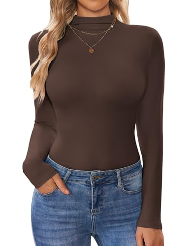 Turtleneck Tops for Women Long Sleeve Mock Neck Basic Fall Shirts Thermal Layering Underwear Slim Fit Brown