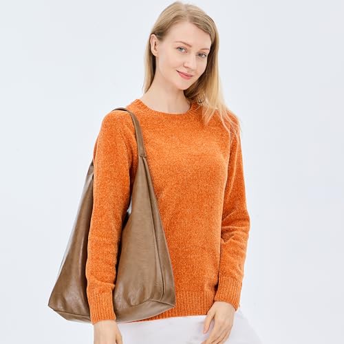 Image of Simple&Opulence Women's Chenille Sweater Crewneck Long Sleeve Pullover Ribbed Cuff Hem Round Neck Jumper Tops
