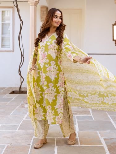 Image of INDO ERA Women's Pure Cotton Printed Straight Kurta & Pant With Dupatta Set (KH0PH10219)