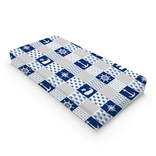 Image of Navy Nautical Life Changing Pad Cover Marine Ocean Lighthouse Compass Whale Changing Table Cover for Baby Boys Girls Soft Breathable Stretchy Fitted Diaper Changing Mat Sheets 32''x16''