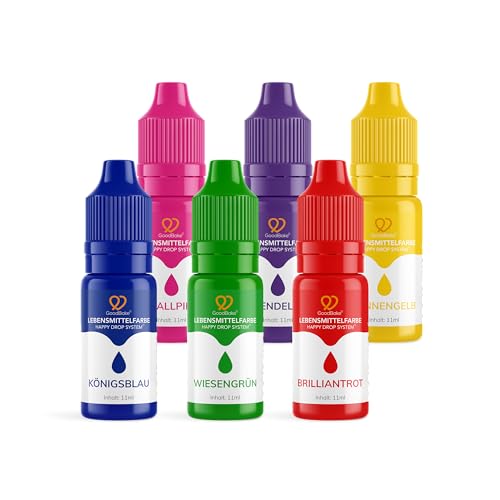 GoodBake Colorante alimenticio, 6 colores, altamente concentrado y sin azúcar, altamente pigmentado, limo, bebidas, sistema Happy Drop System – 6 x 11 ml también para slime (66 ml)
