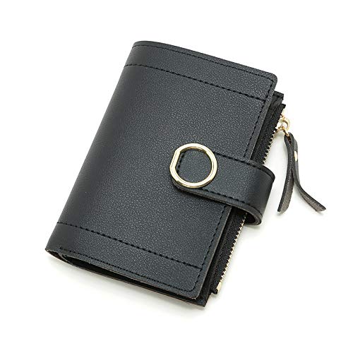 Jennyfly Small Wallet Purse for Women, Fashion Women Girls Cute Short Style Clutch Zipper Wallet PU Leather Purse with Multiple Card Slots Small Purse with Wrist Strap for Shopping Travel - Black