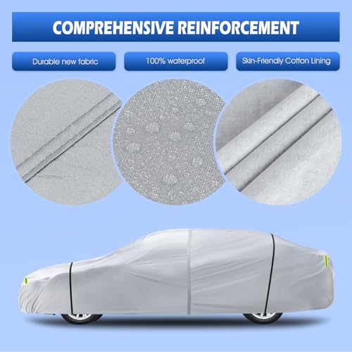 Image of 6 Layers Car Cover Waterproof All Weather for Automobiles, Size A3 with Zipper Cotton Fit for Toyota Camry, Honda Accord, Ford Mustang, Chevy Camaro /Malibu,Kia Optima(187-198 inch), Silver