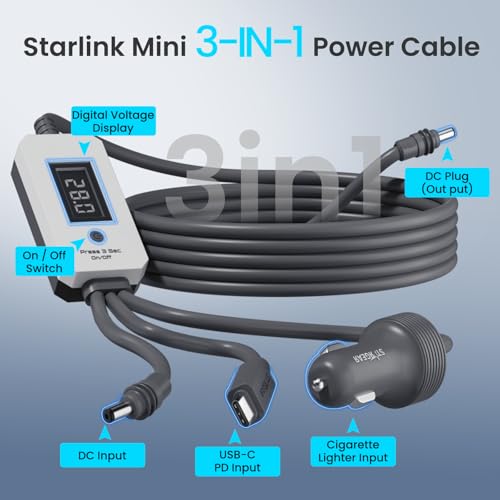 Image of Starlink Mini Cable 10FT /3M, 3 in 1 Cable with Digital Voltage Display & On /Off Switch, 140W+ PD Supply USB C /Car Adapter /DC to DC Starlink Mini Power Cable, Mini Accessories for Power Supply