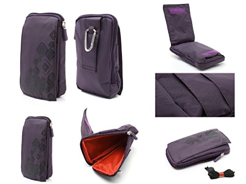 DFV mobile - Multi-Functional Vertical Stripes Nylon Pouch Bag case Zipper Closing Carabiner for Yezz Andy 4EI - Color Purple (16 x 9.5 cm)