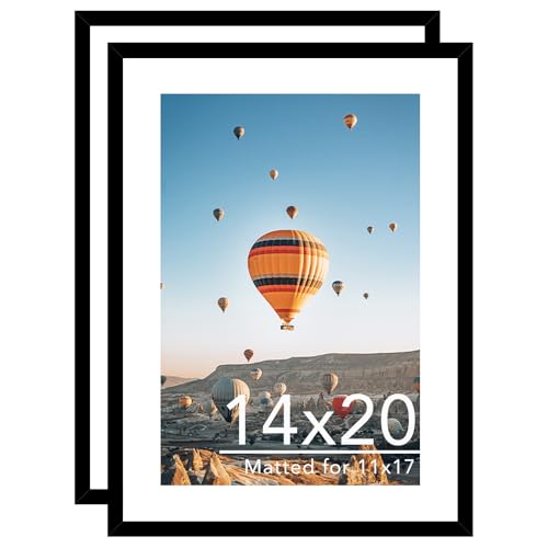 JCJMY 14x20 Picture Frame Set of 2 with 11x17 Mat Display Photo 11x17 with Mat or 14 x 20 Without Mat Wall Hanging Large 14 by 20 Poster Frame with Plexiglass 2 Pack Black