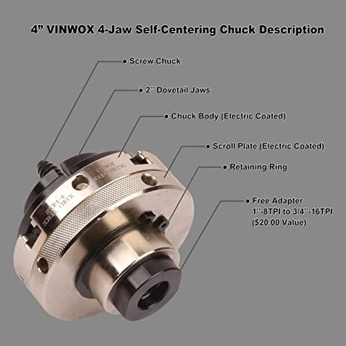 Vinwox Scr4-4 Wood Lathe Chuck, 4-Jaw Self-Centering Chuck, With 1"X8Tpi Thread & 3/4"X16Tpi Adapter, 3 Years Warranty #TOP4