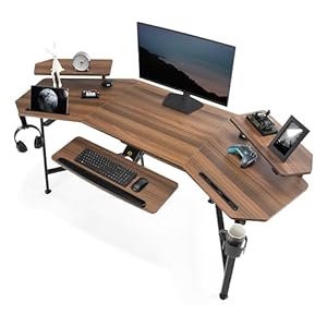 EUREKA ERGONOMIC 72″ Computer Desk W Keyboard Tray, Wing-Shaped Music Studio Desk, Large Gaming Desk W LED Convertible Monitor Stand Dual Headphone Hanger for Recording Live Streamer, Walnut Wood